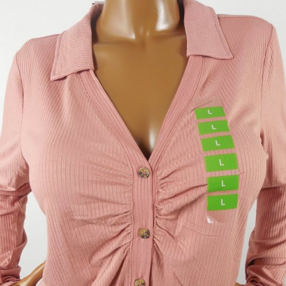 STEVE MADDEN Top L New $59 Button Down Blouse Pink Rose Stretch V-Neck Long Slvs - Picture 3 of 9